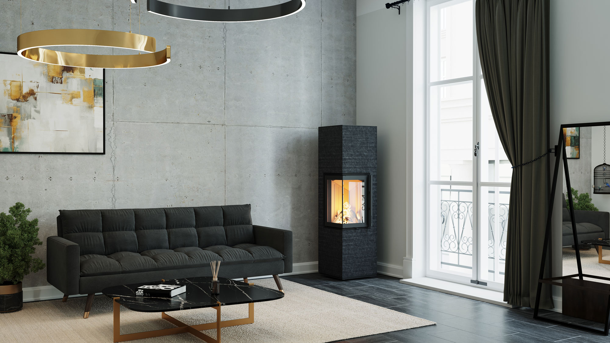 Monolith K60XL Nero Ferrara – K60XL-Bauform mit Nero-Ferrara-Naturstein — dunkle, intensive Optik.