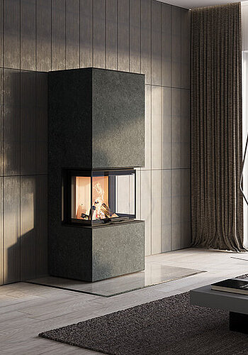 neocube Panorama – Dreiseitige Sicht — das Feuer wird zur Raum-Skulptur.